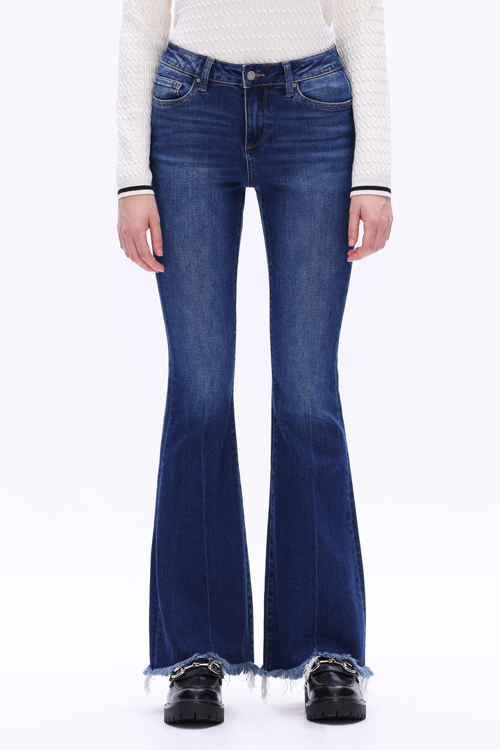 High Rise Flare Denim Jeans With Frayed Hem
