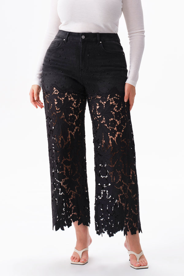 High Rise Floral Embroidered Wide Leg Pants