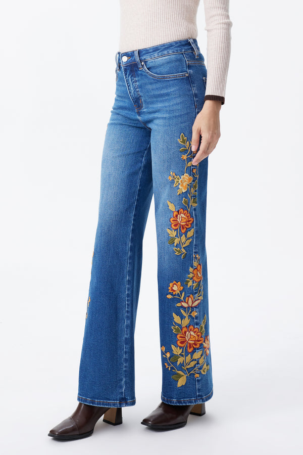 New York High Rise Embroidered Wide Leg Jeans