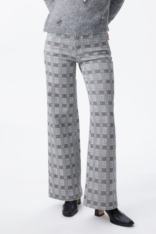 Mid Rise Check Print Wide Leg Pants