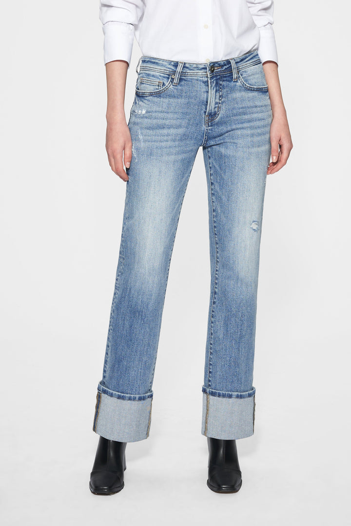 Flora Mid Rise Straight Cuffed Denim Jeans