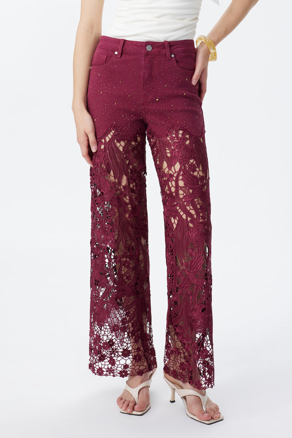 High Rise Ankle Embroidered Lace Wide Leg Jeans
