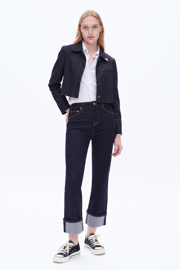 High Rise Straight Cuffed Denim Jeans