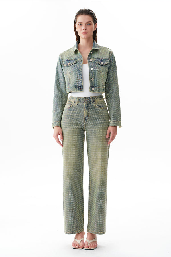 Statement High Rise Rhinestone Wide Leg Jeans