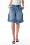 High Rise Pleated Denim Bermuda Shorts
