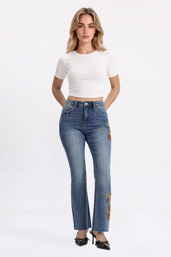 Mid Rise Floral Embroidered Raw Hem Bootcut Jeans