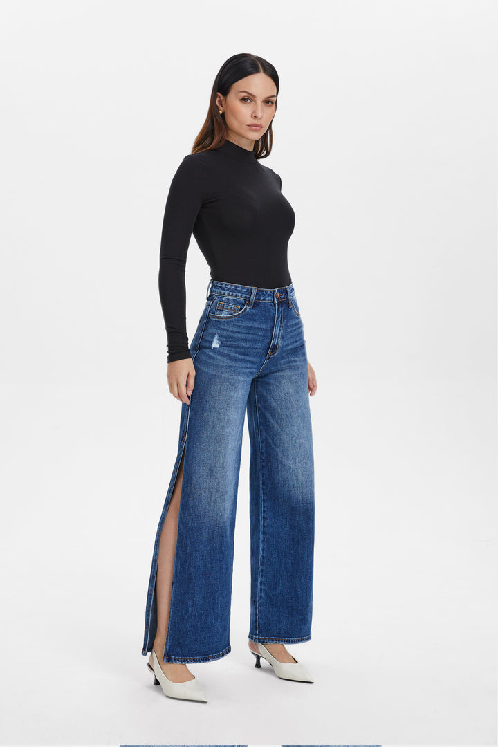 HIGH RISE WIDE LEG JEANS WITH SLIT