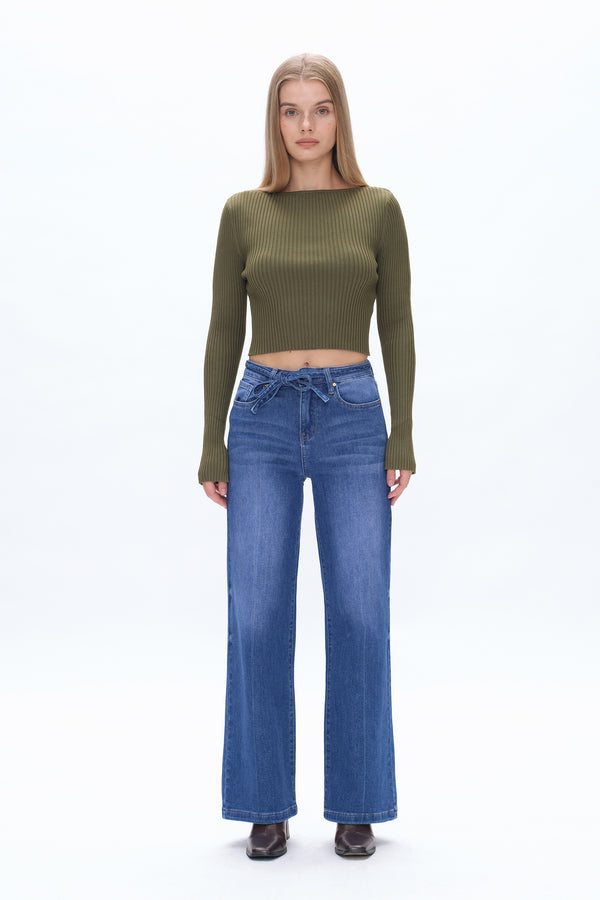 High Rise Relaxed Drawstring Wide Leg Jeans