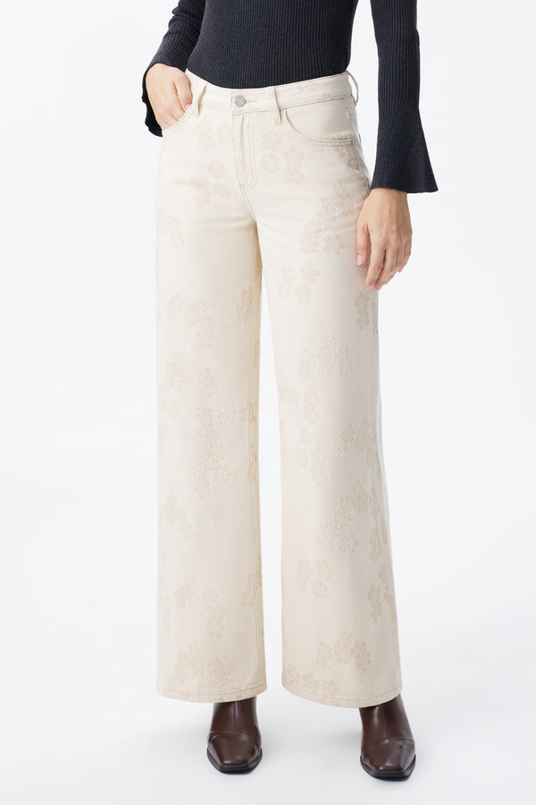 Mid Rise Textured Floral Wide Leg Jeans