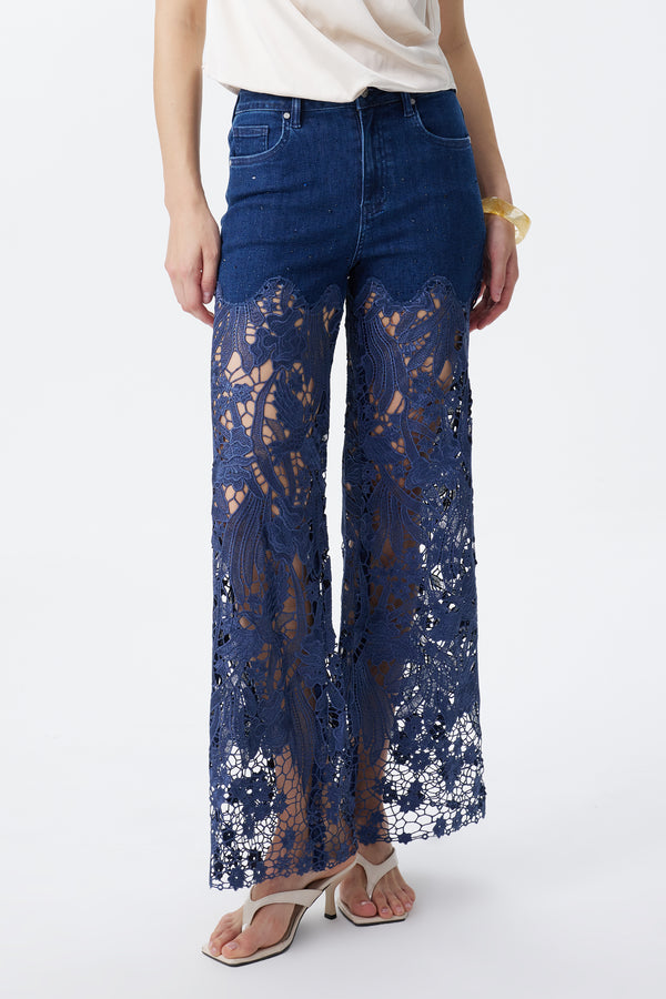 High Rise Ankle Embroidered Lace Wide Leg Jeans