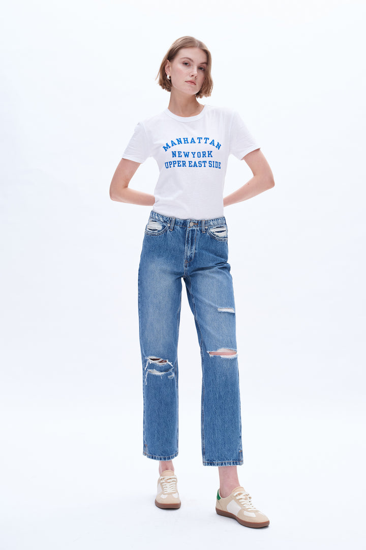 High Rise Distressed Mom Denim Jeans With Slit