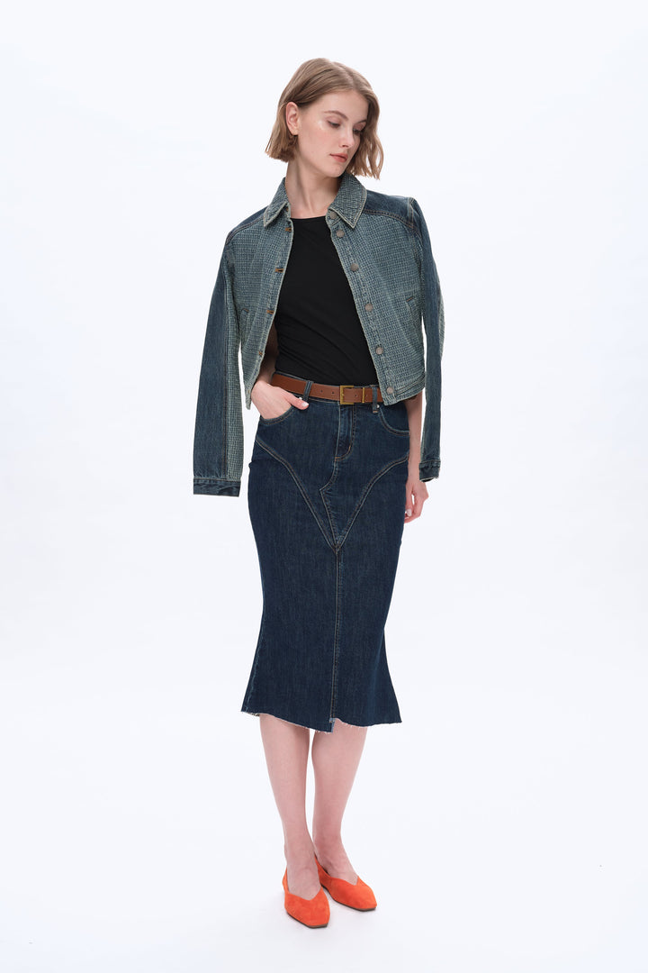 Erin Mid Rise Fishtail Denim Skirt