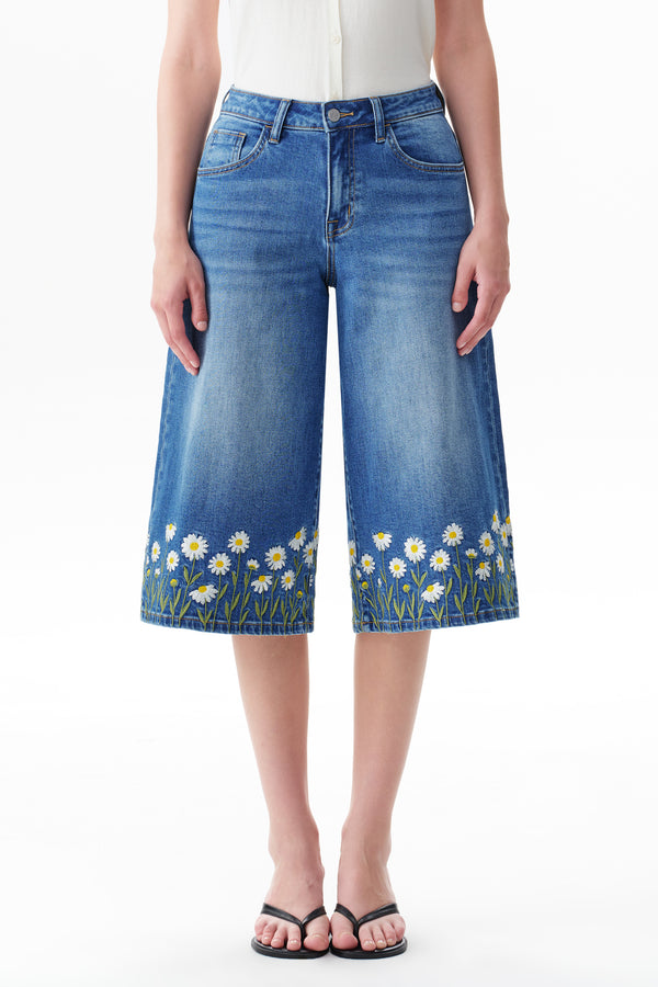 Mid Rise Embroidered Denim Bermuda Shorts