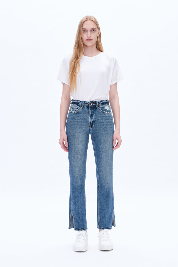 High Rise Straight Denim Jeans With Slit