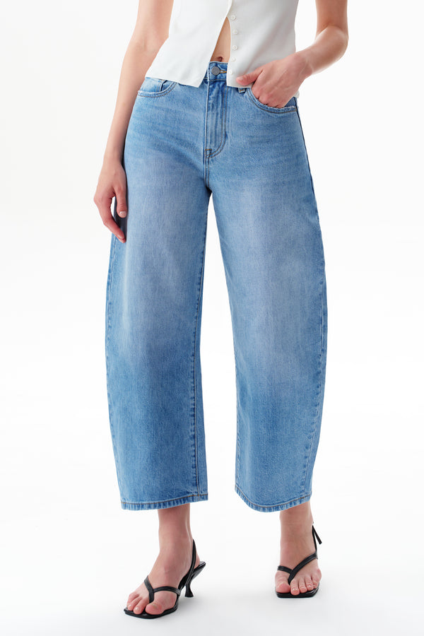 High Rise Cropped Distressed Barrel Leg Jeans