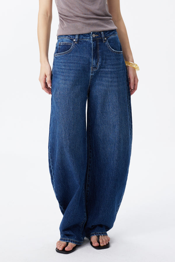 Mid Rise Deep Indigo Barrel Jeans