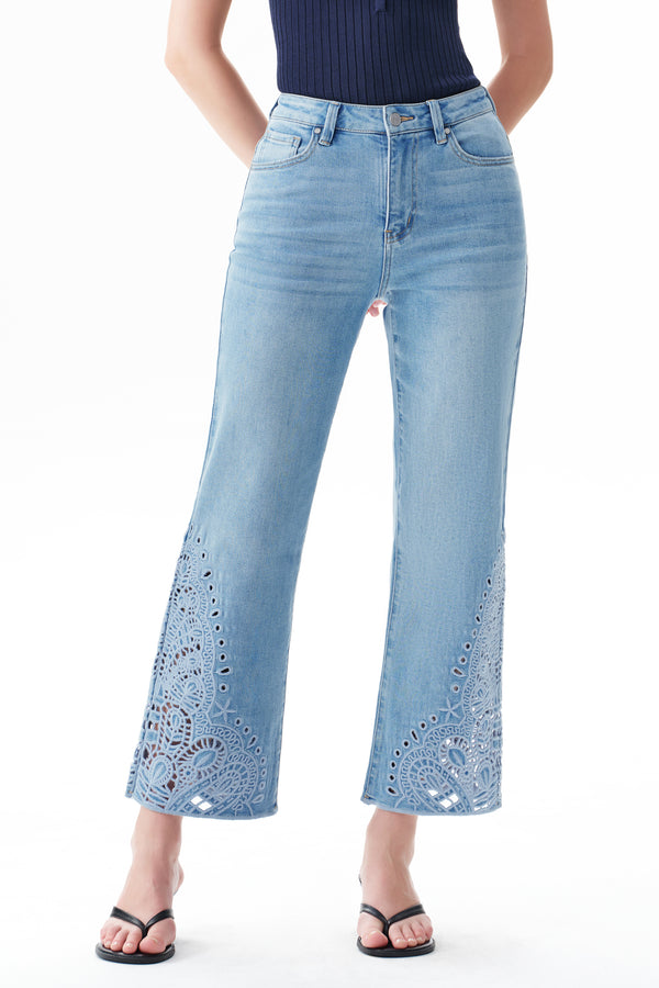 High Rise Ankle Embroidered Lace Straight Leg Pants