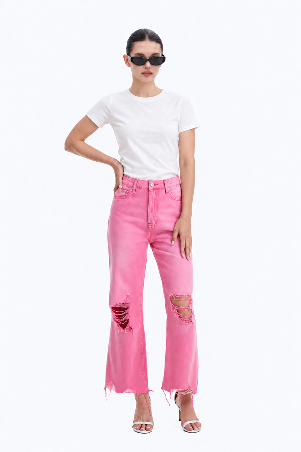 High Rise Cropped Distressed Flare Pants