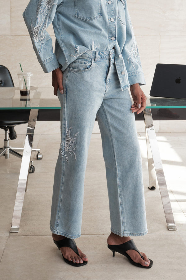 High Rise Ankle Embroidered Straight Leg Jeans