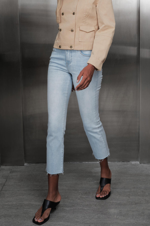 Mid Rise Cropped Raw Hem Straight Leg Jeans