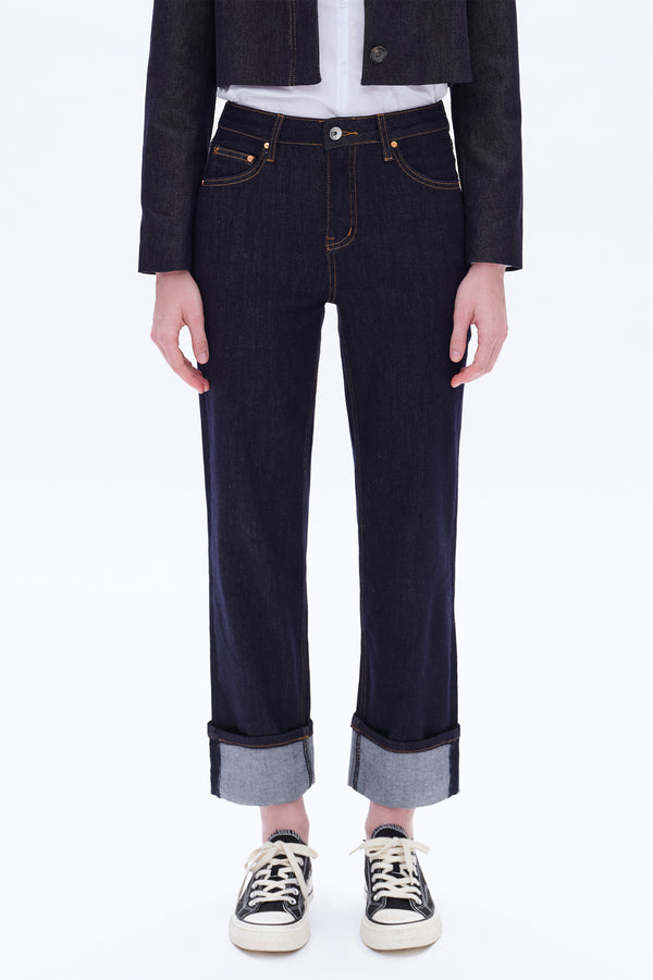 High Rise Straight Cuffed Denim Jeans