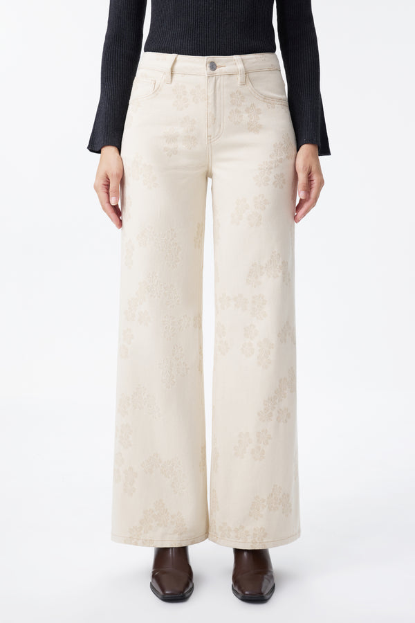 Mid Rise Textured Floral Wide Leg Jeans