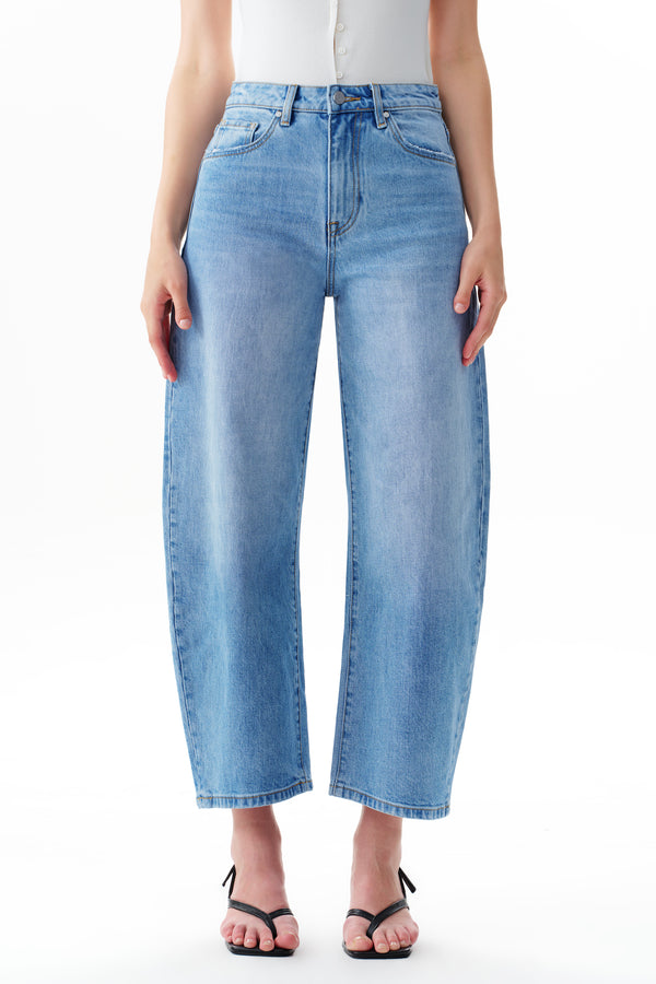 High Rise Cropped Distressed Barrel Leg Jeans