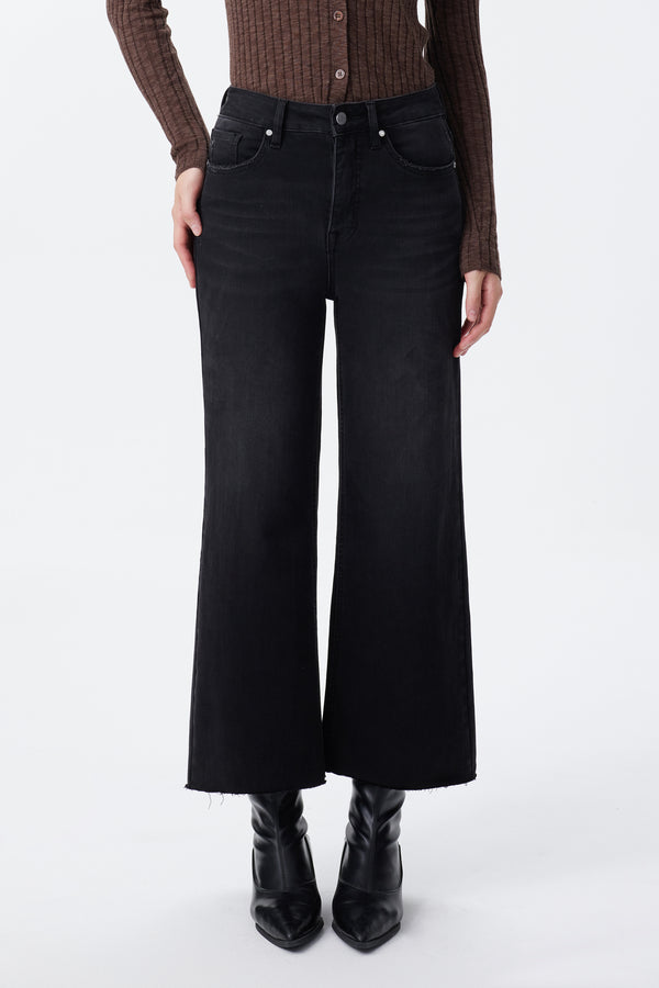 High Rise Cropped Distressed Wide Leg Jeans