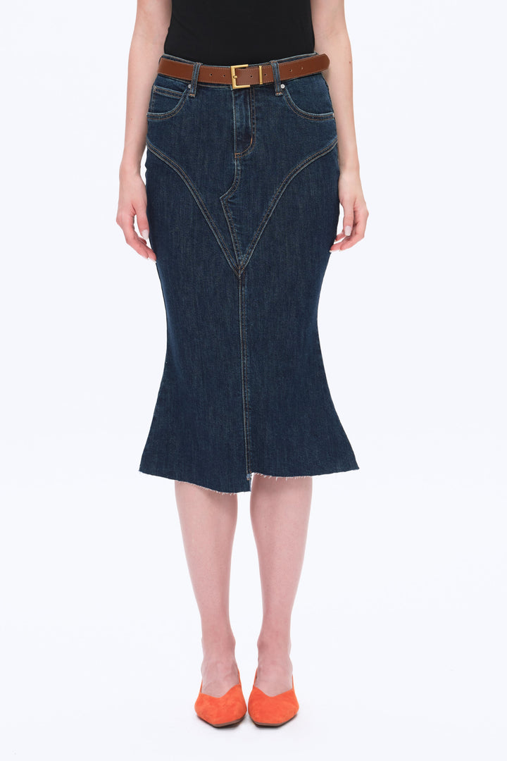 Erin Mid Rise Fishtail Denim Skirt