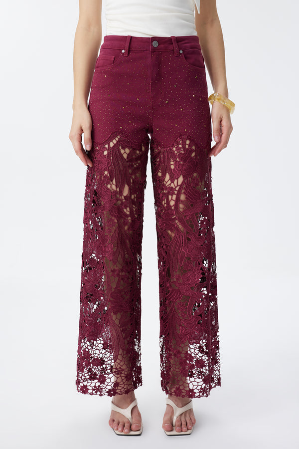 High Rise Ankle Embroidered Lace Wide Leg Jeans