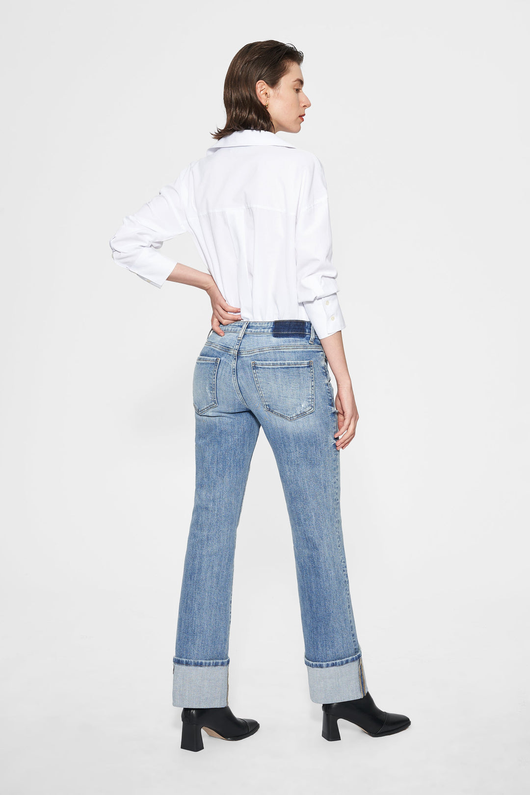 Flora Mid Rise Straight Cuffed Denim Jeans