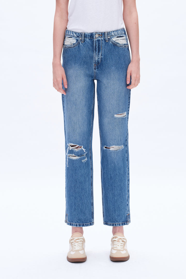 High Rise Distressed Mom Denim Jeans With Slit