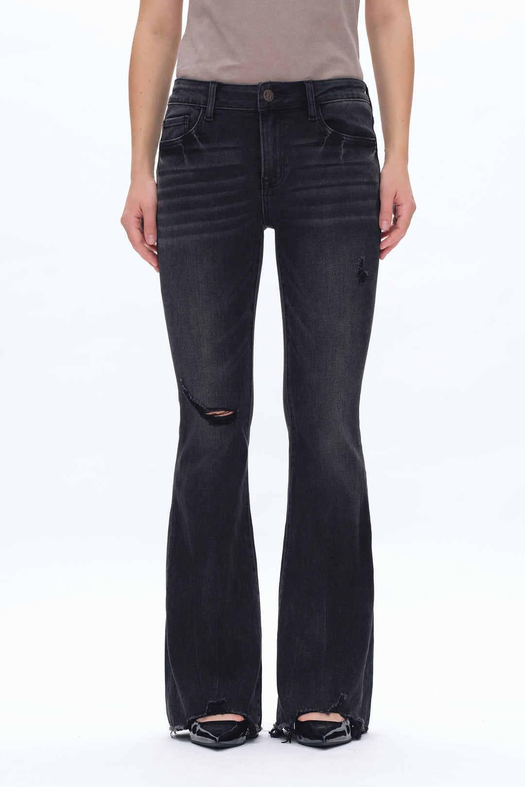 Mid Rise Flare Denim Jeans With Raw Edge Hem