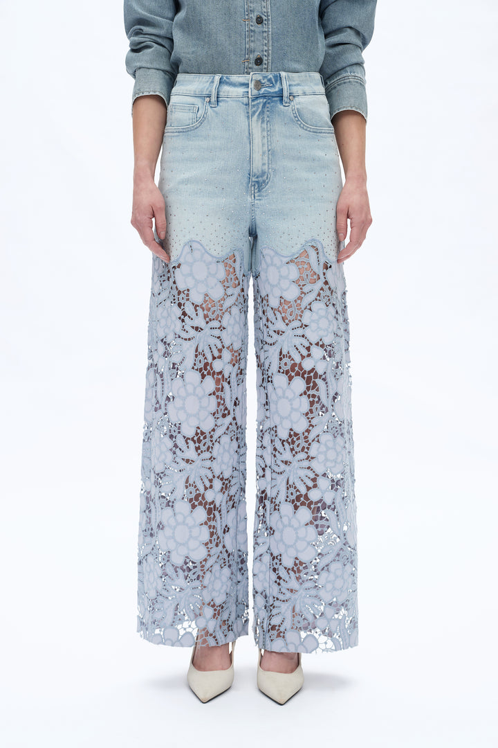 Ultra High Rise Lace Patchwork Wide Leg Denim Jeans