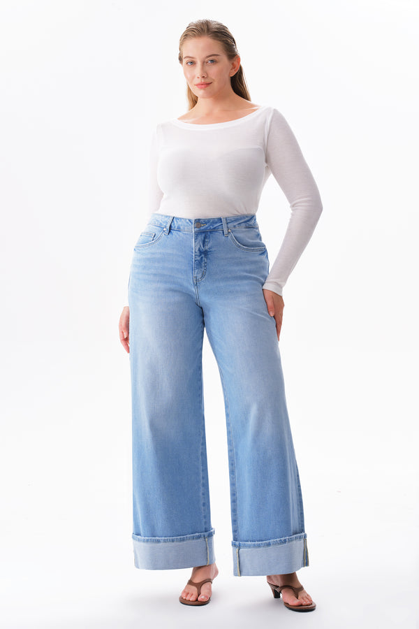 Mid Rise Cuffed Wide Leg Jeans