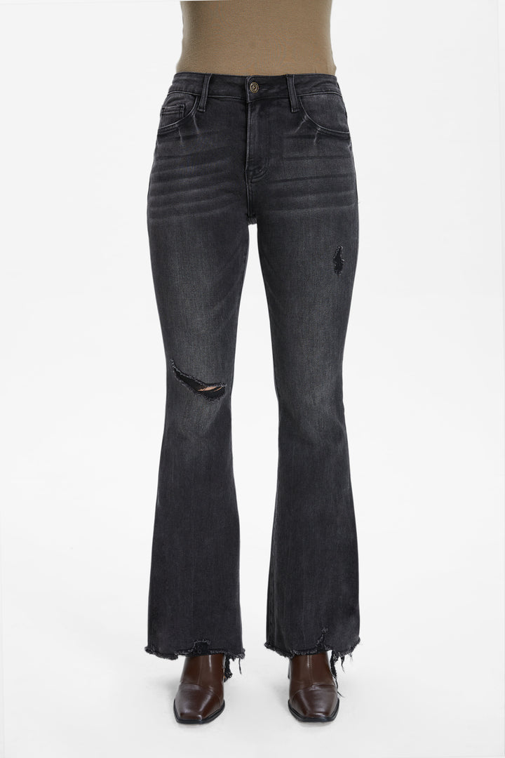 MID RISE FLARE JEANS WITH RAW EDGE HEM