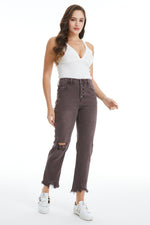 HIGH RISE STRAIGHT JEANS BUTTON FLY WITH FRAYED HEM BYT5113 CHOCOLATE
