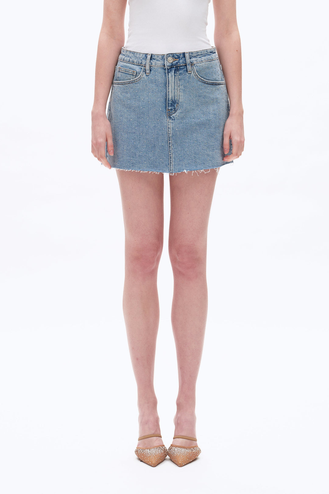 Mid Rise Rhinestones Denim Skirt