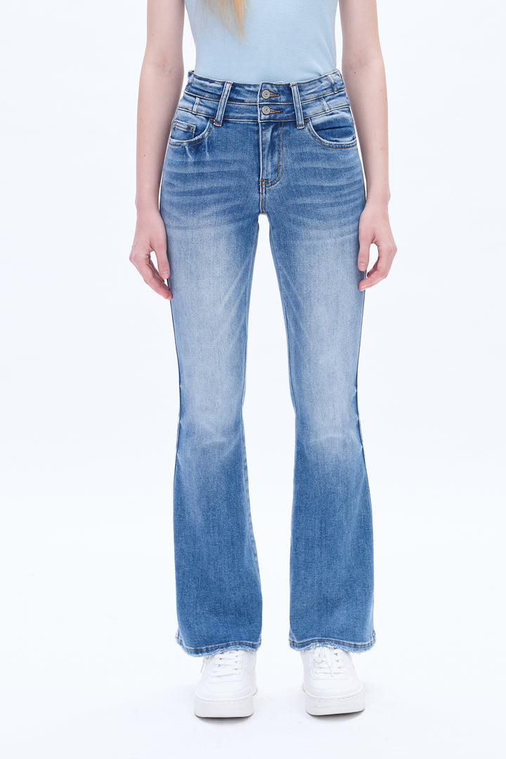 High Rise Flare Denim Jeans With Clean Hem