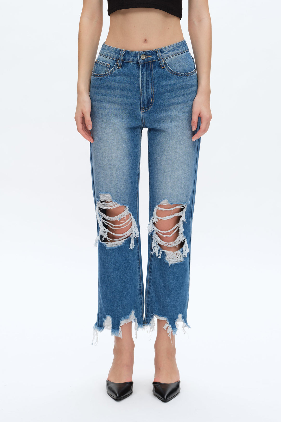 Yoyo High Rise Distressed Cropped Straight Jeans