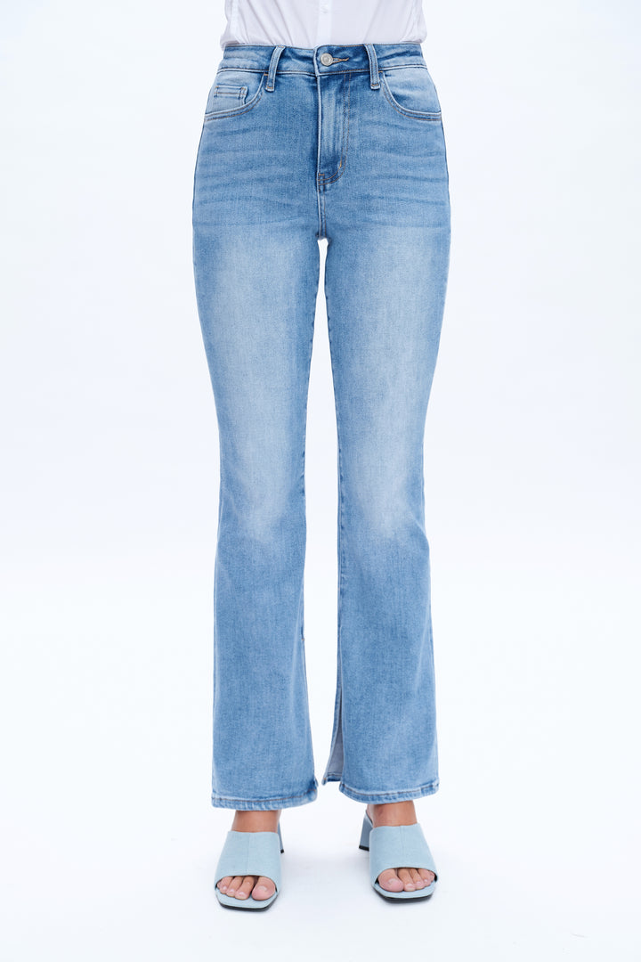 High Rise Flare Denim Jeans With Slit