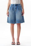 High Rise Pleated Denim Bermuda Shorts