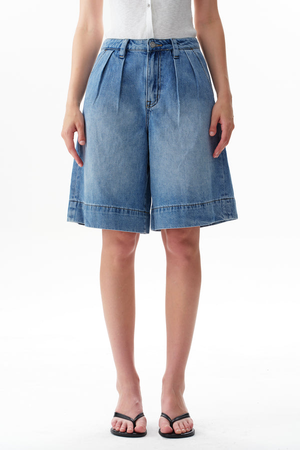 High Rise Pleated Denim Bermuda Shorts