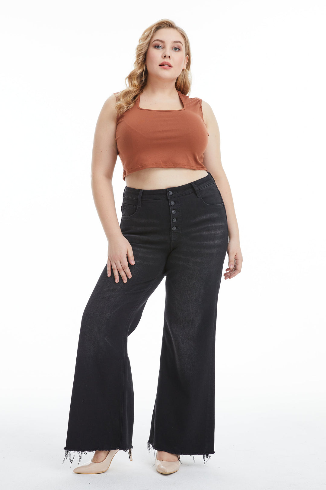 PLUS SIZE HIGH RISE WIDE LEG JEANS WITH FRAYED HEM