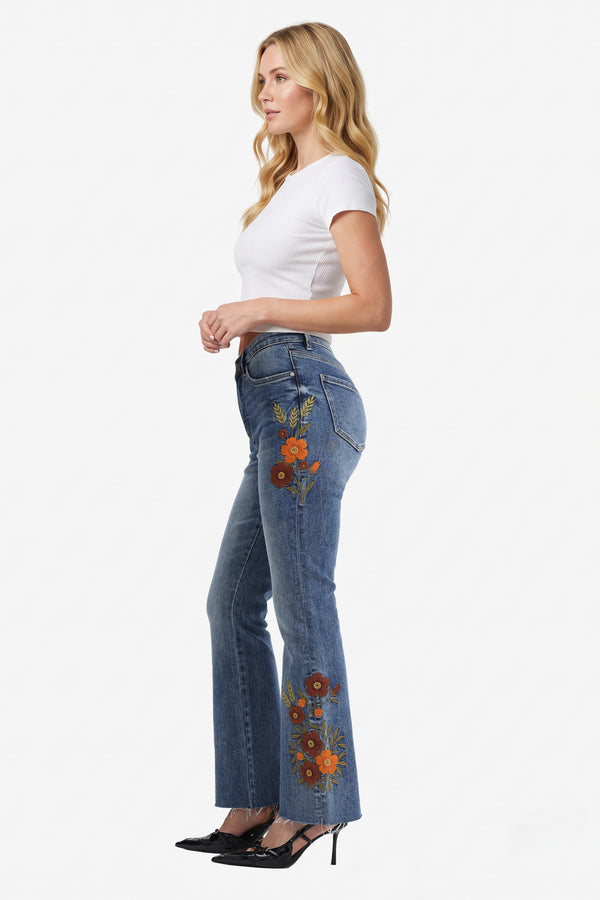 Mid Rise Floral Embroidered Raw Hem Bootcut Jeans