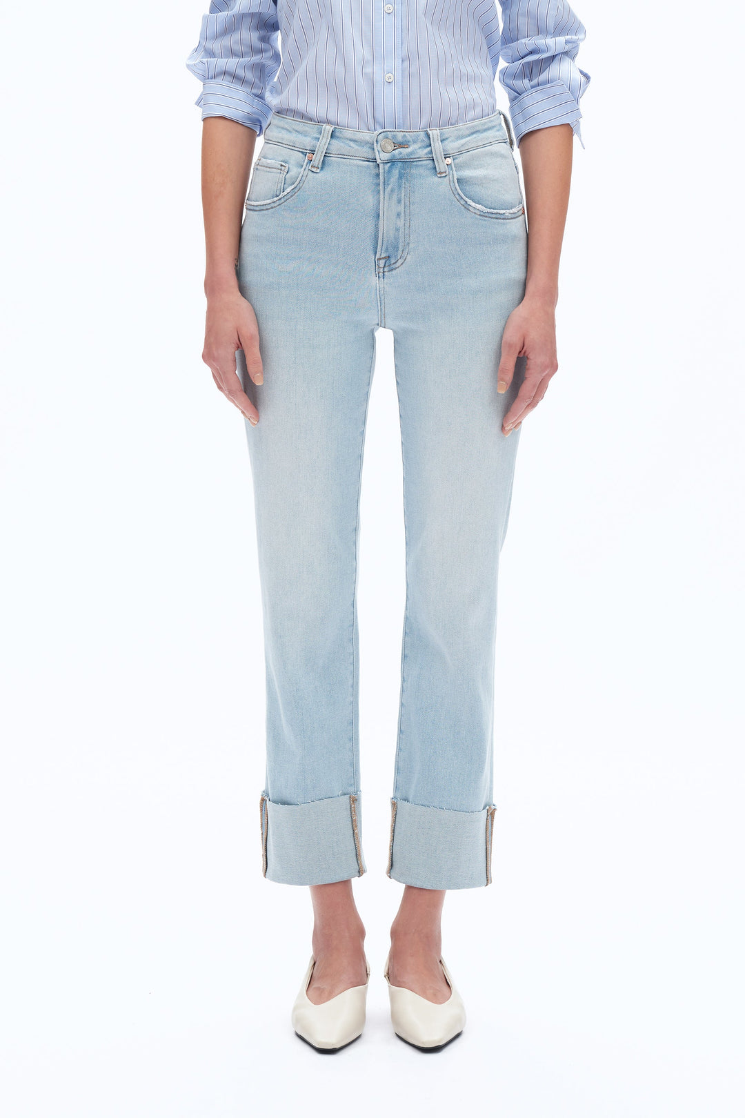 High Rise Straight Leg Denim Jeans With Rolled Hem