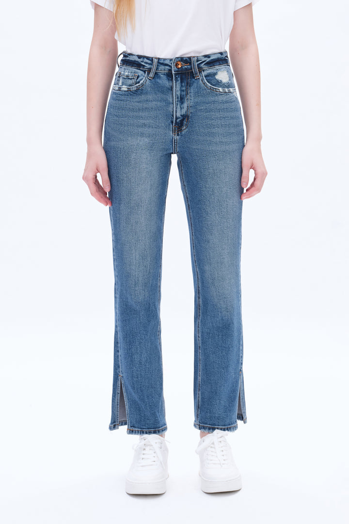 High Rise Straight Denim Jeans With Slit