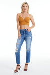 High Rise Slim Straight Jeans With Raw Hem