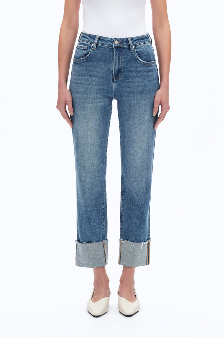 High Rise Straight Leg Denim Jeans With Rolled Hem