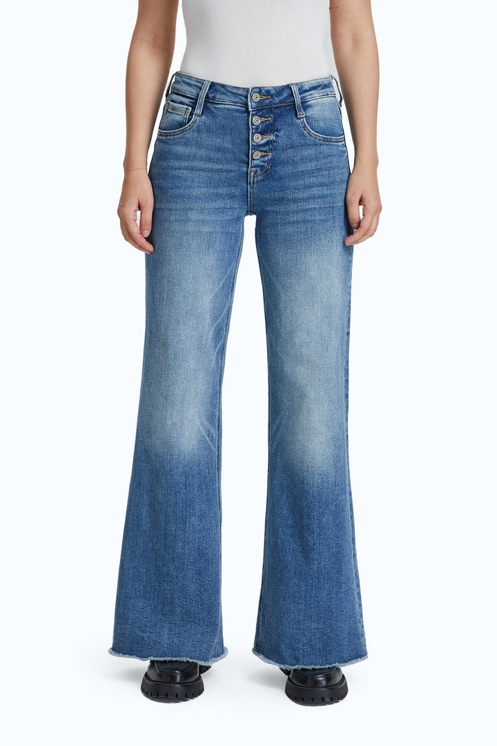 High Rise Wide Leg Denim Jeans With Frayed Hem